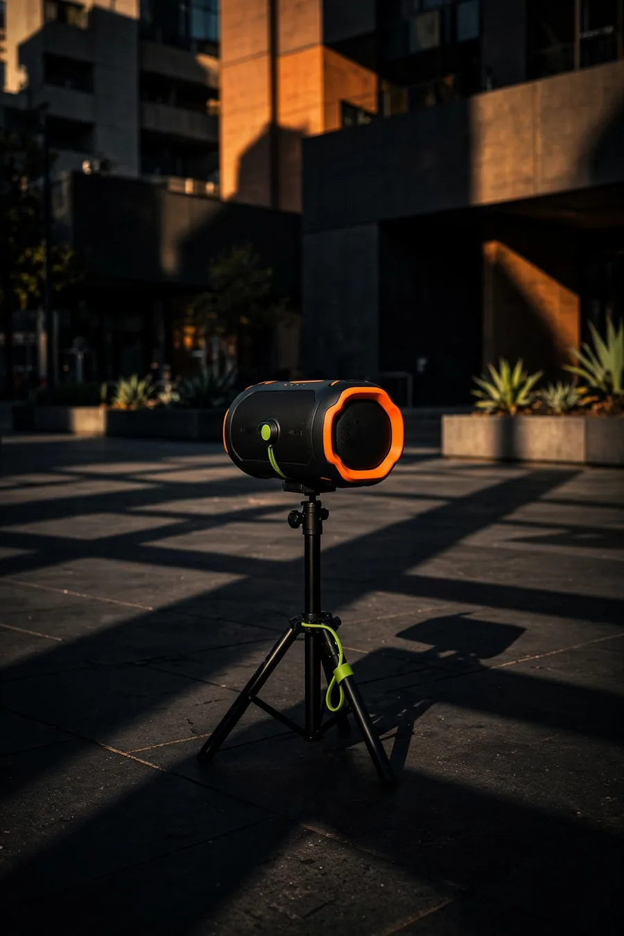 A speaker on a plaza